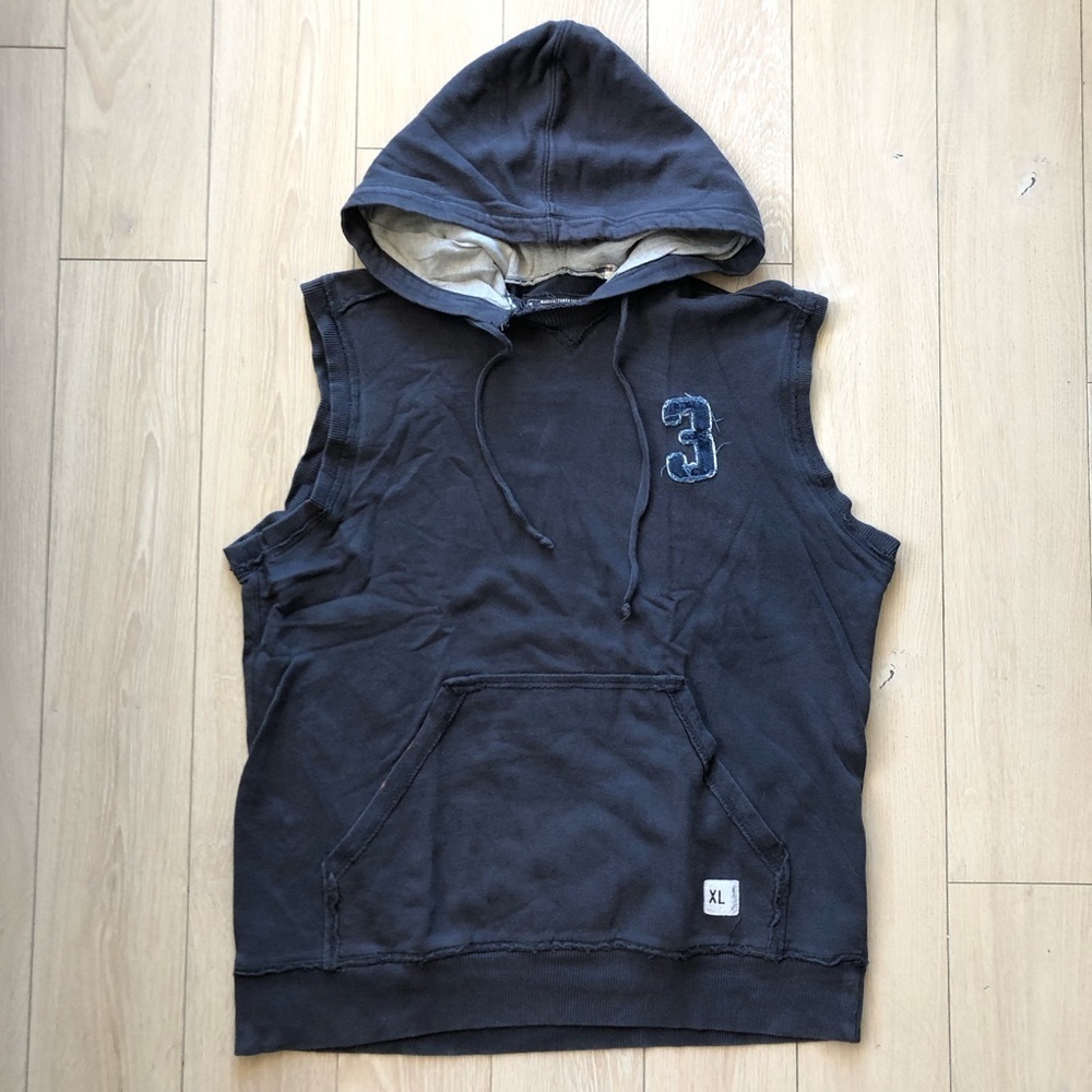 Vintage Guess Company Sleeveless Hoodie with Number Patch Navy Men’s Size M